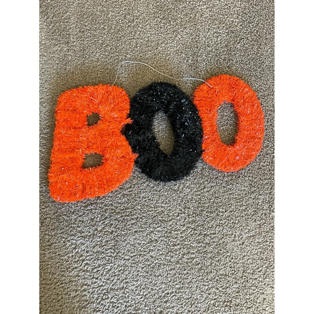 Orange‎ Black Boo Halloween Tinsel Hanging Decor Sign Glitter Spooky Party